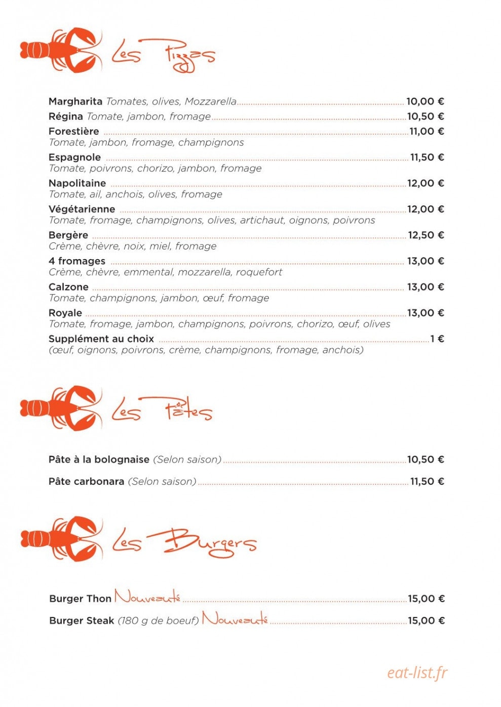Carte et menu de La Langouste qui Chante à Le Barcares — Les pizzas, les pates et burgers