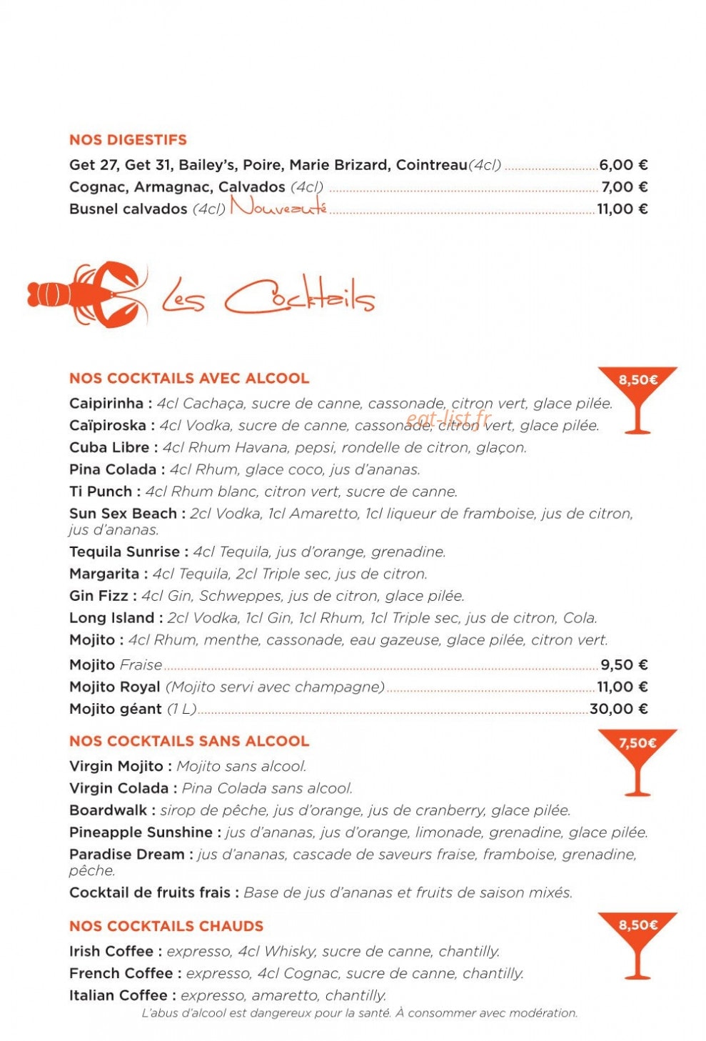 Carte et menu de La Langouste qui Chante à Le Barcares — Les cocktails
