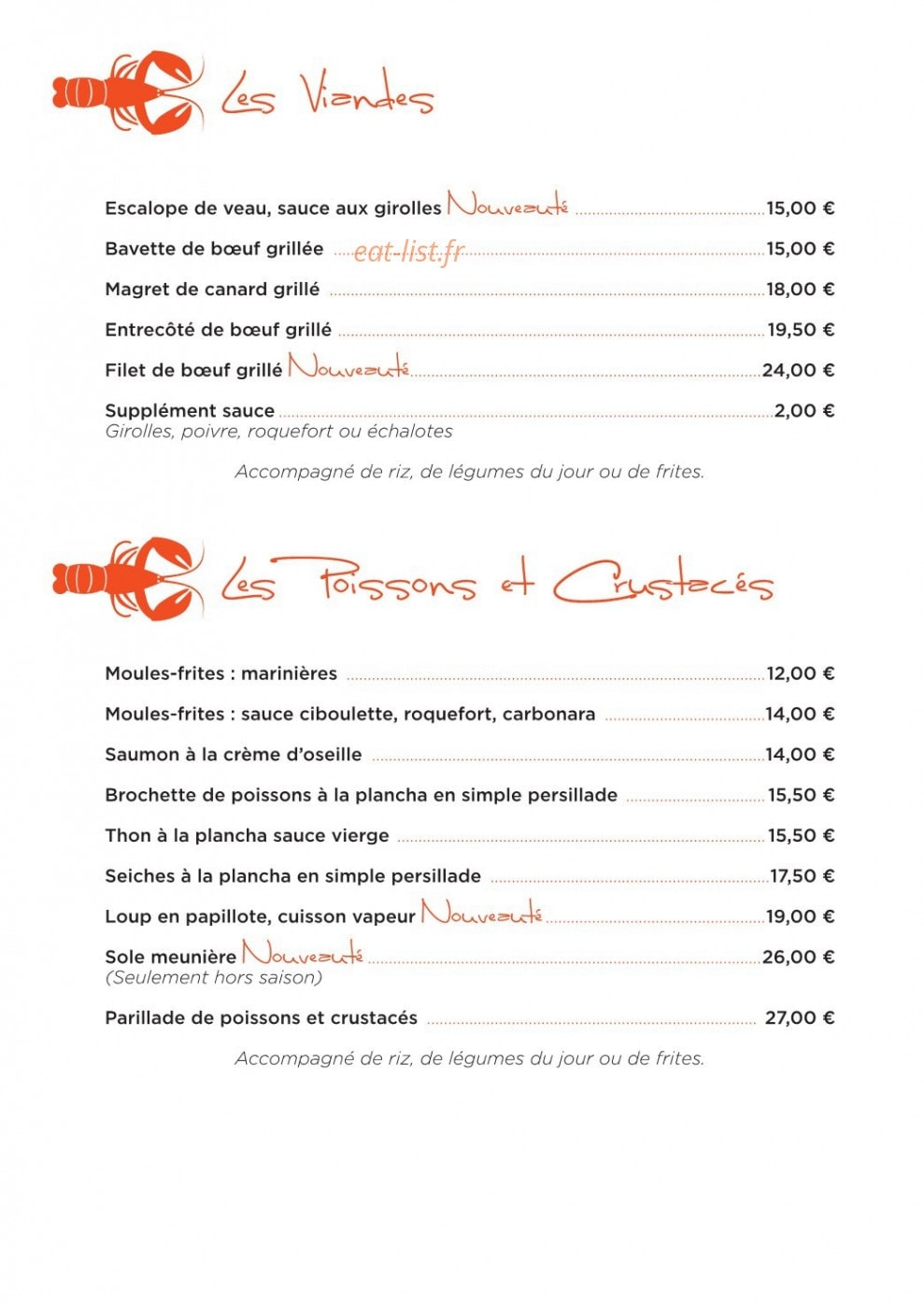 Carte et menu de La Langouste qui Chante à Le Barcares — Les viandes, les poissons et crustaces