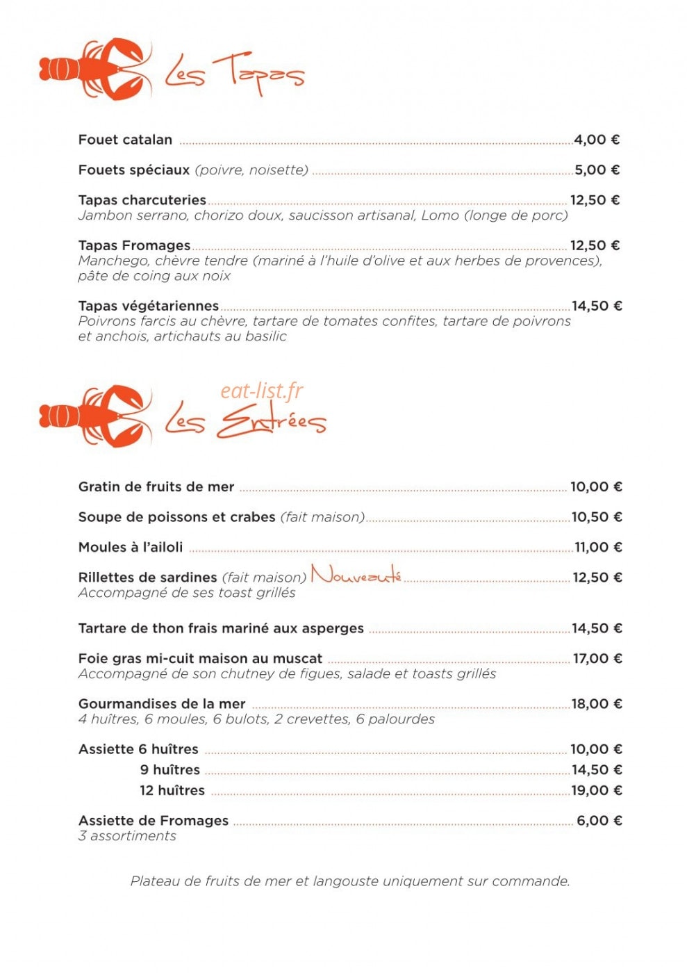 Carte et menu de La Langouste qui Chante à Le Barcares — Les tapas et entrees