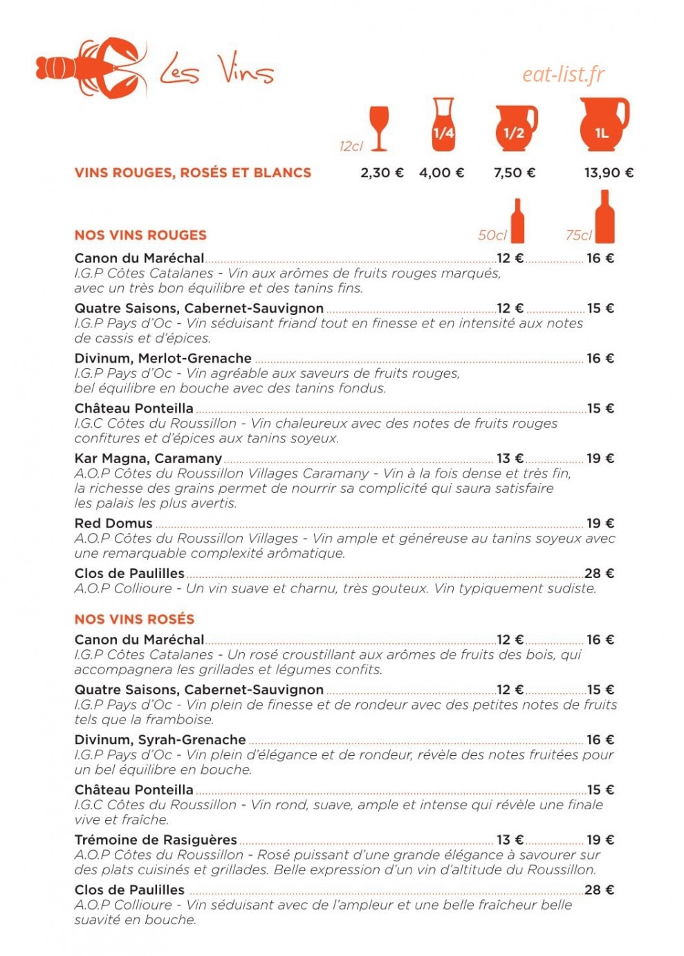 Carte et menu de La Langouste qui Chante à Le Barcares — Les vins rouges et roses