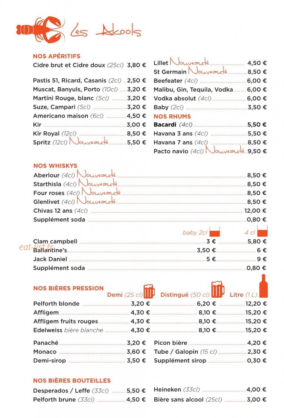 Carte et menu de La Langouste qui Chante à Le Barcares — Les alcools