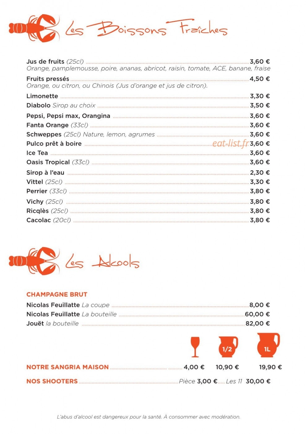 Carte et menu de La Langouste qui Chante à Le Barcares — Les boissons fraiches