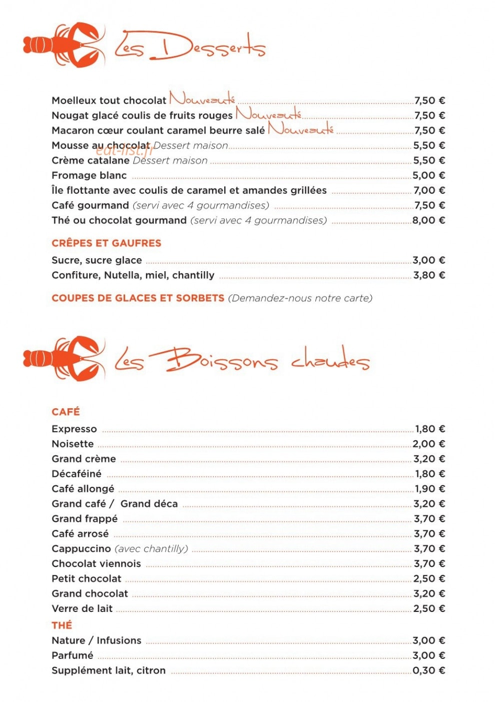 Carte et menu de La Langouste qui Chante à Le Barcares — Les desserts et boissons chaudes