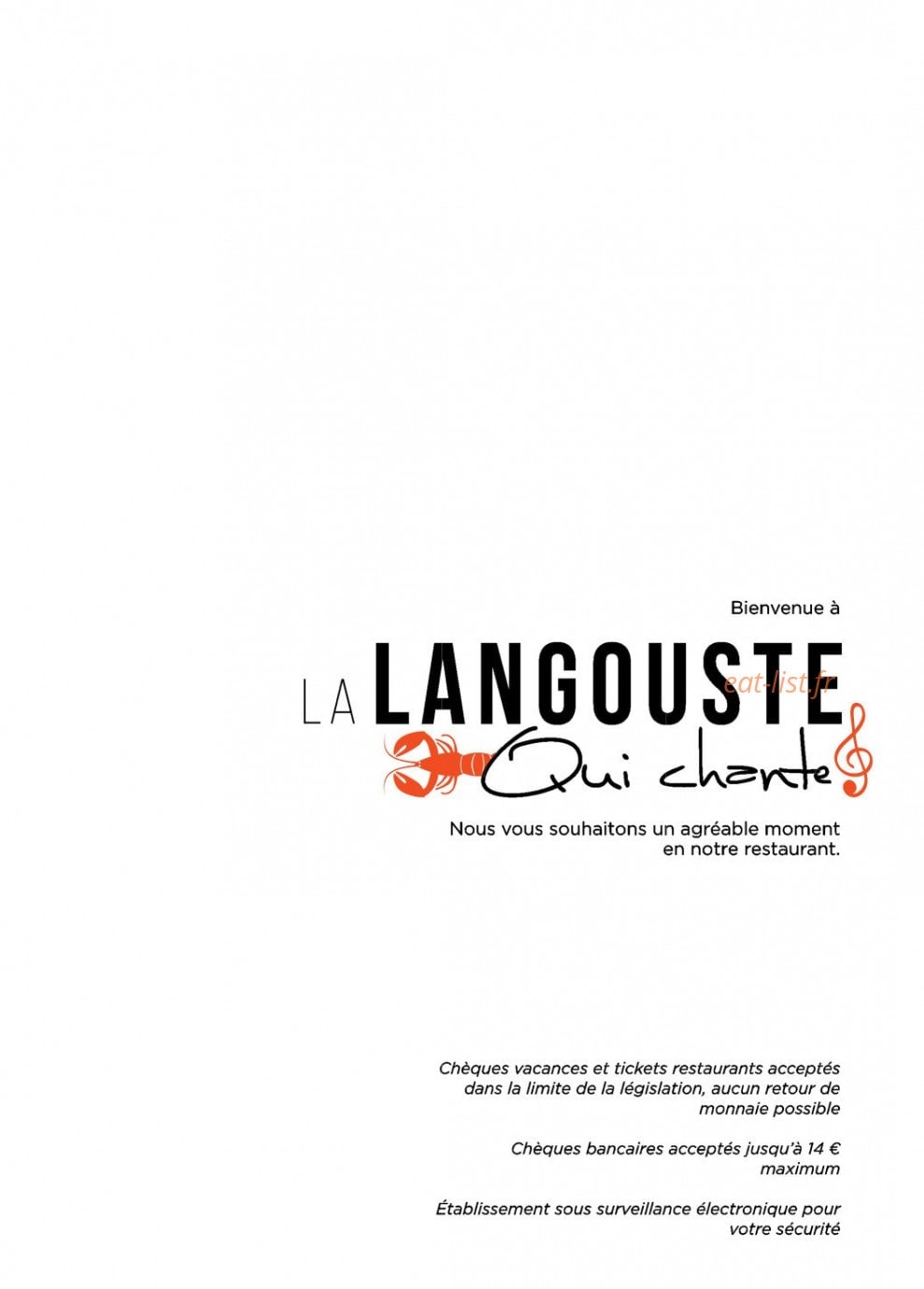 Carte et menu de La Langouste qui Chante à Le Barcares — Informations sur les menus