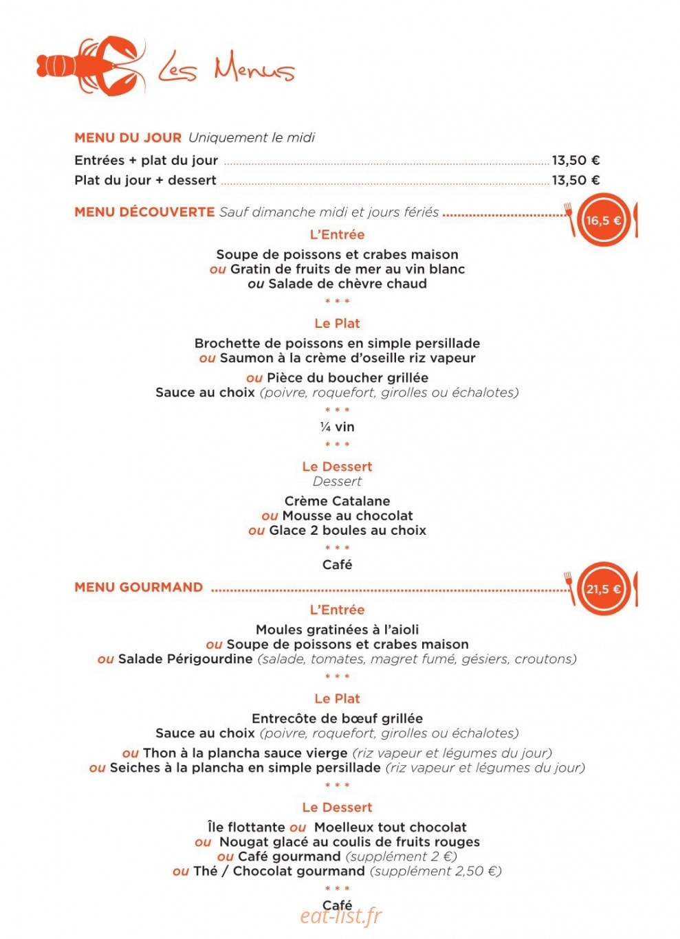 Carte et menu de La Langouste qui Chante à Le Barcares — Les menus