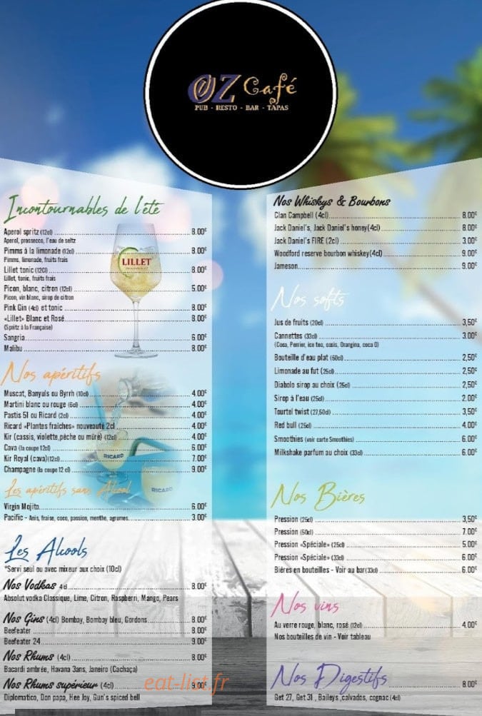 Carte et menu de Le comptoir de l'Huître à Le Barcares — Les incontournables, apéritifs et softs,...