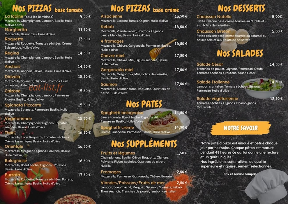 Carte et menu de Pizzeria du Soleil à Le Barcares — Menu