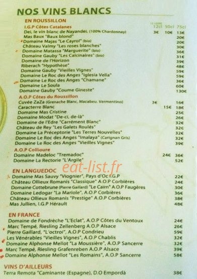 Carte et menu de Zaza Club à Torreilles — Vins blancs