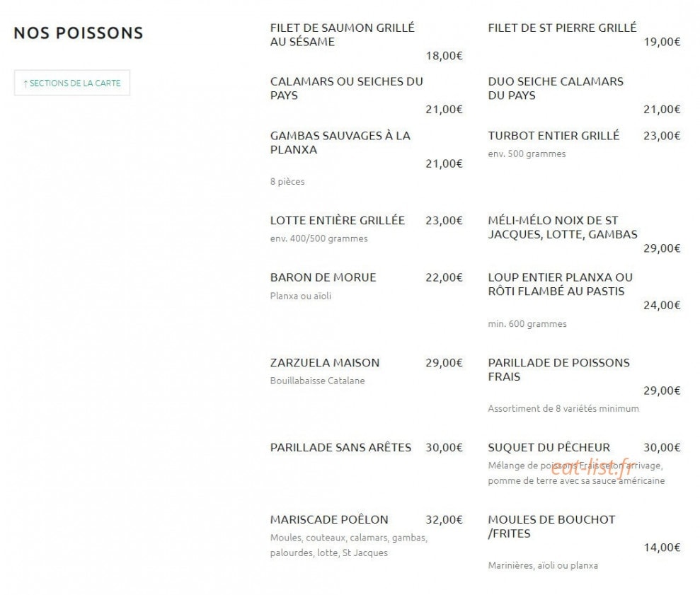 Carte et menu de Can Mylia à Sainte Marie — Poissons