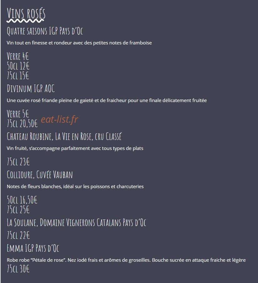 Carte et menu de L'Étrille à Sainte Marie — Vins rosés