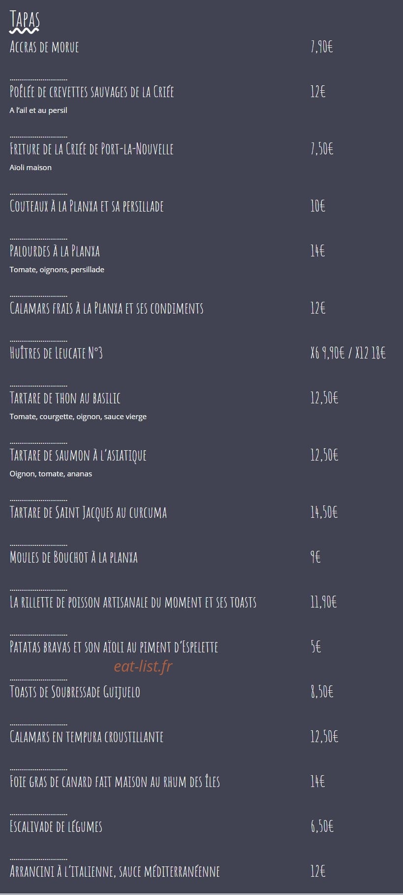 Carte et menu de L'Étrille à Sainte Marie — Tapas