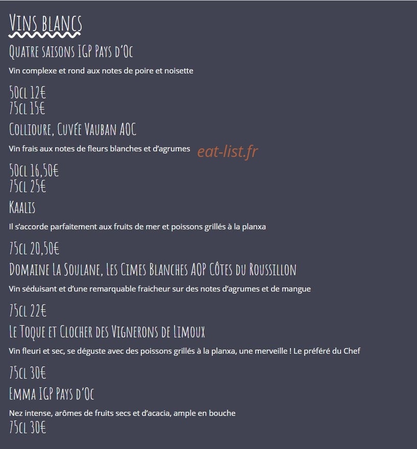 Carte et menu de L'Étrille à Sainte Marie — Vins blancs