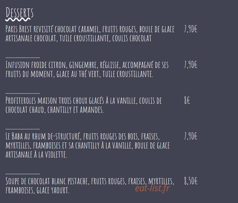 Carte et menu de L'Étrille à Sainte Marie — Desserts