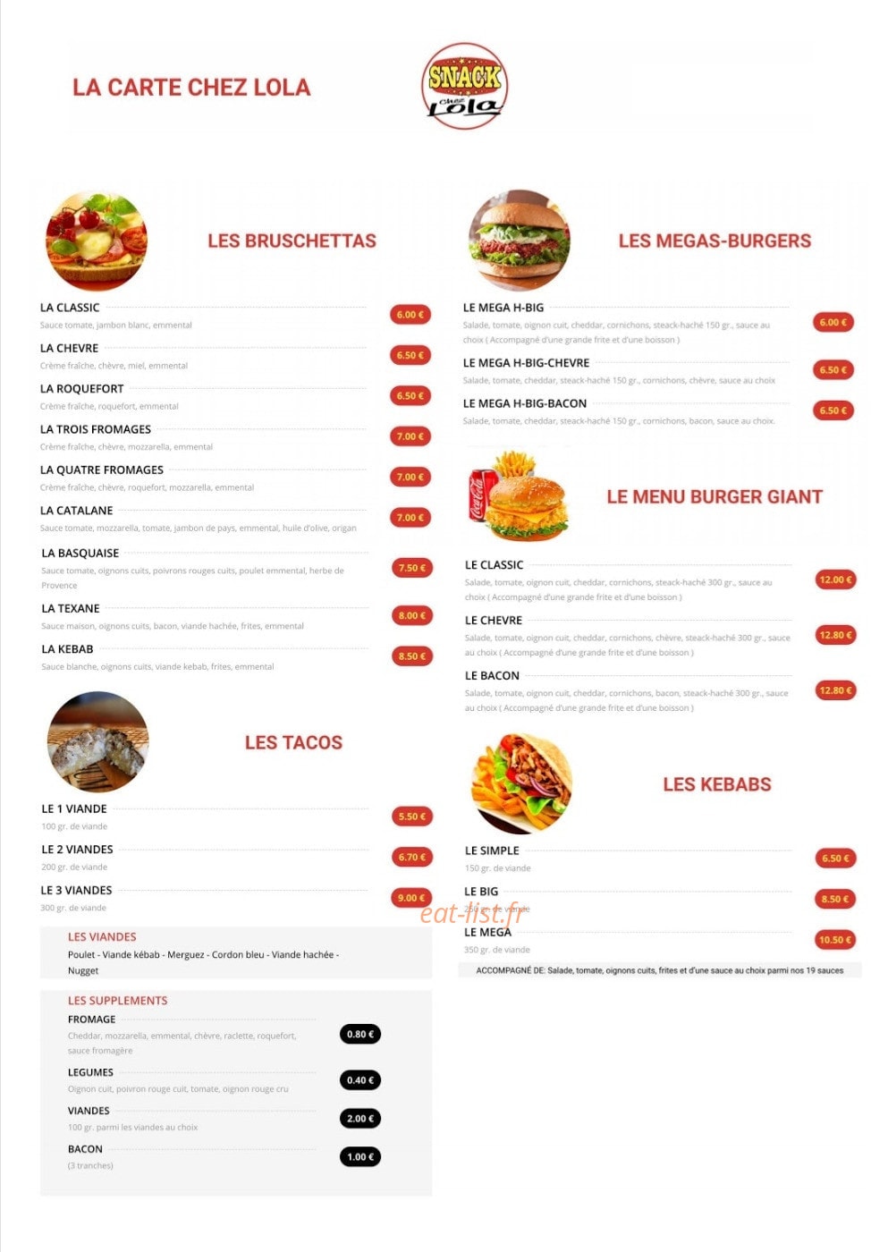 Snack Chez Lola — carte page 1