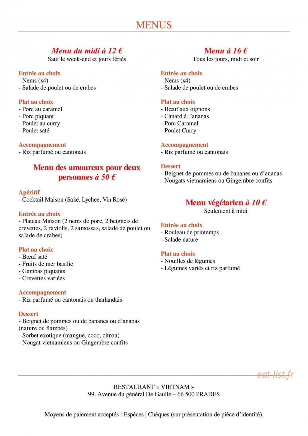 Restaurant Vietnam — carte page 1