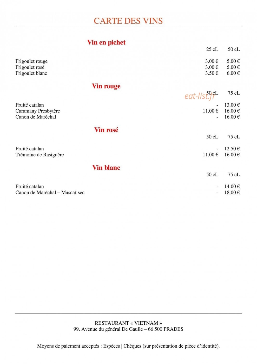 Restaurant Vietnam — carte page 5