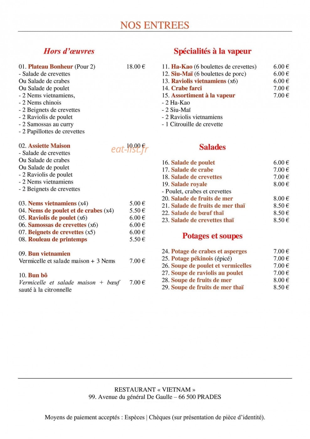 Restaurant Vietnam — carte page 2