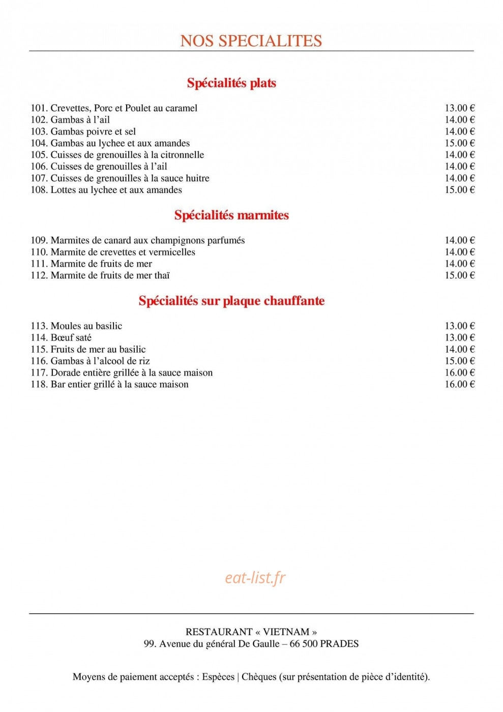 Restaurant Vietnam — carte page 4