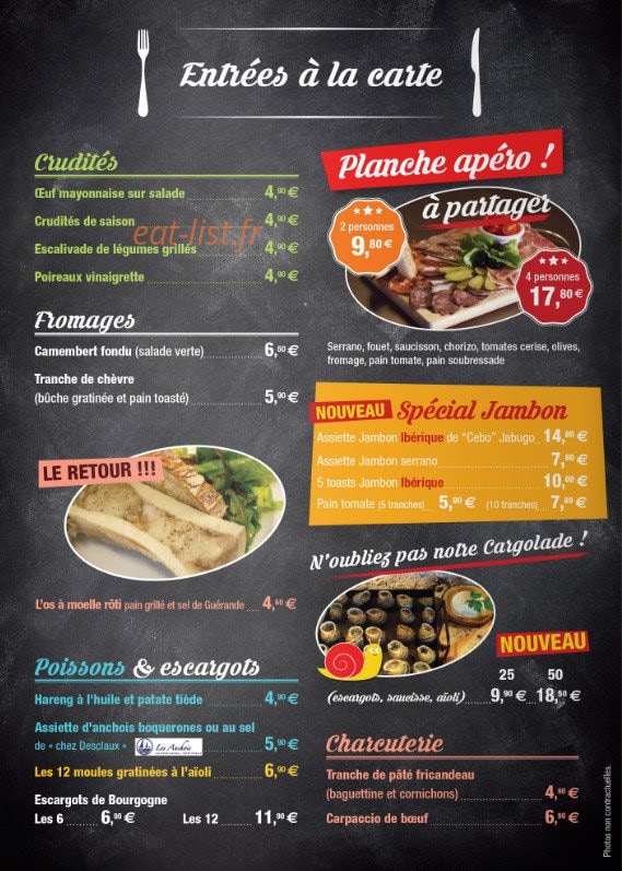 Carte et menu de Le Boeuf en Folie à Rivesaltes — Entrées