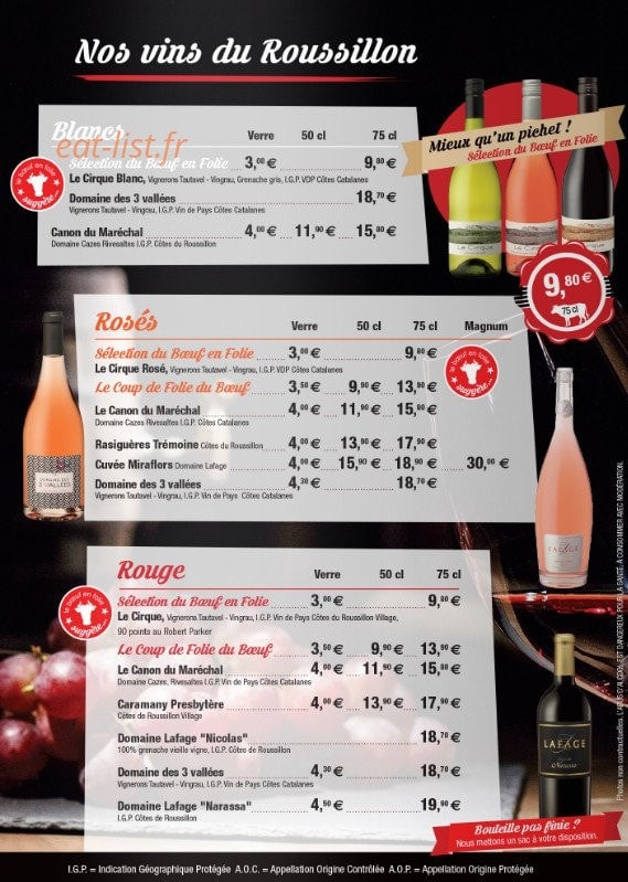Carte et menu de Le Boeuf en Folie à Rivesaltes — Vins