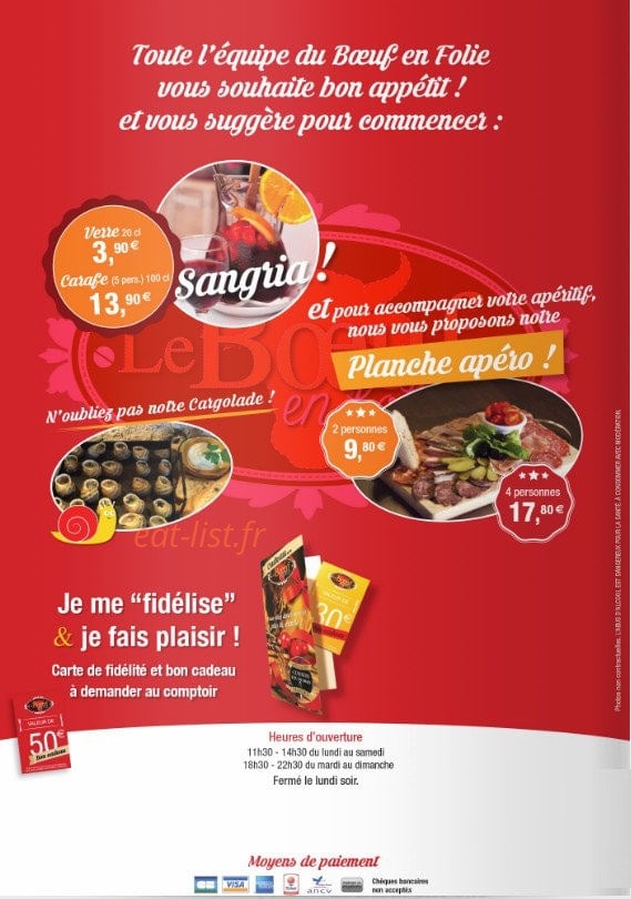 Carte et menu de Le Boeuf en Folie à Rivesaltes — Informations