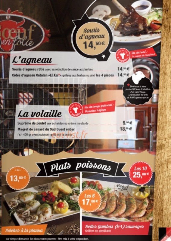 Carte et menu de Le Boeuf en Folie à Rivesaltes — Agneau, volailles et plats poissons