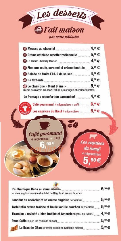 Carte et menu de Le Boeuf en Folie à Rivesaltes — Desserts