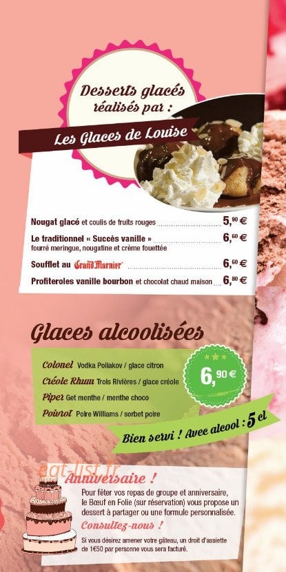 Carte et menu de Le Boeuf en Folie à Rivesaltes — Glaces suite