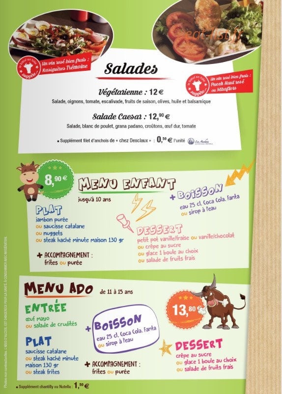 Carte et menu de Le Boeuf en Folie à Rivesaltes — Salades et menus