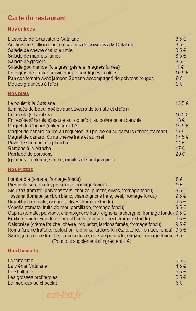 Restaurant Pizzeria du Fort de Salses — carte page 1