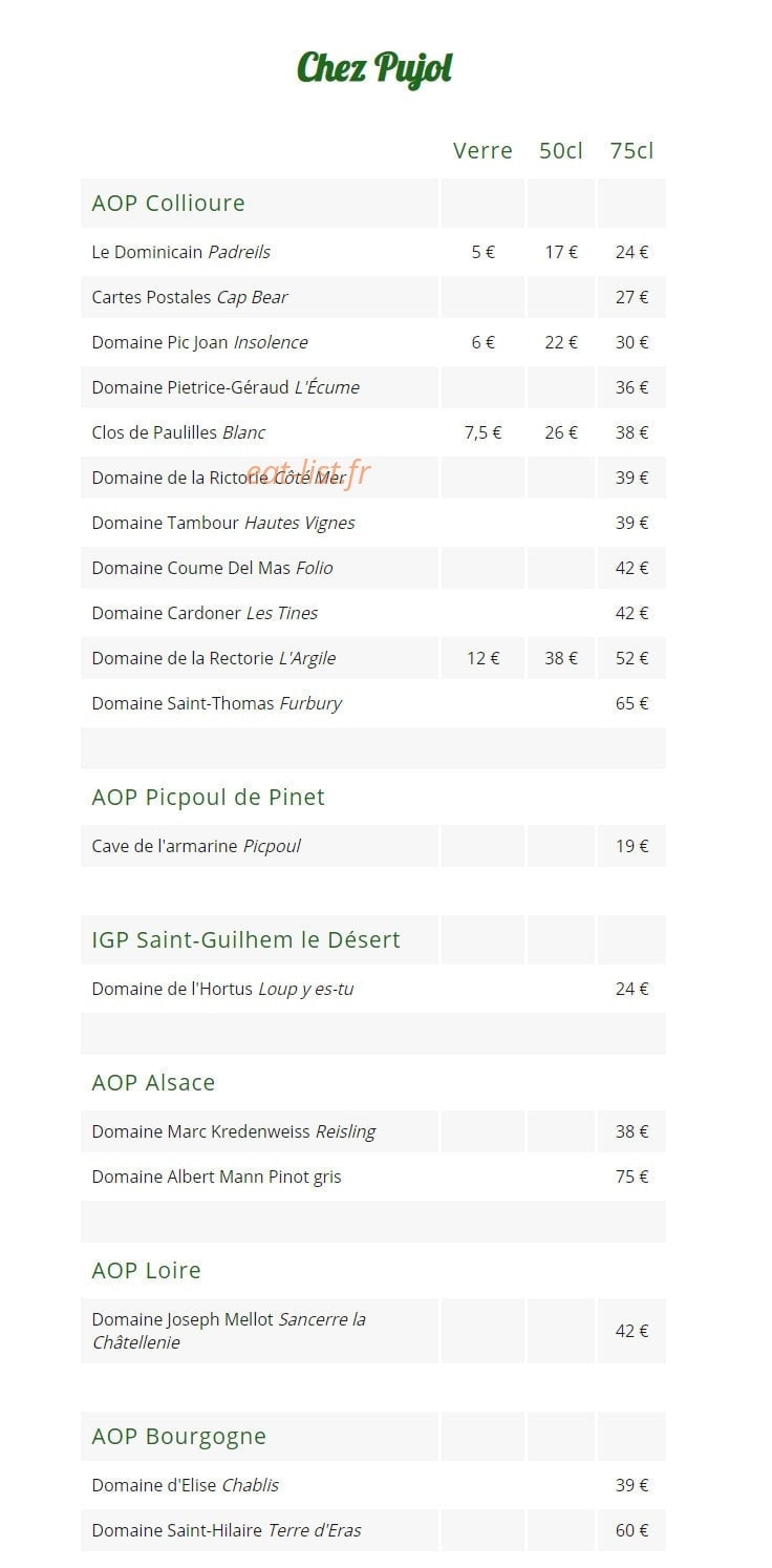 Carte et menu de Chez Pujol à Port Vendres — Les vins rouges suite