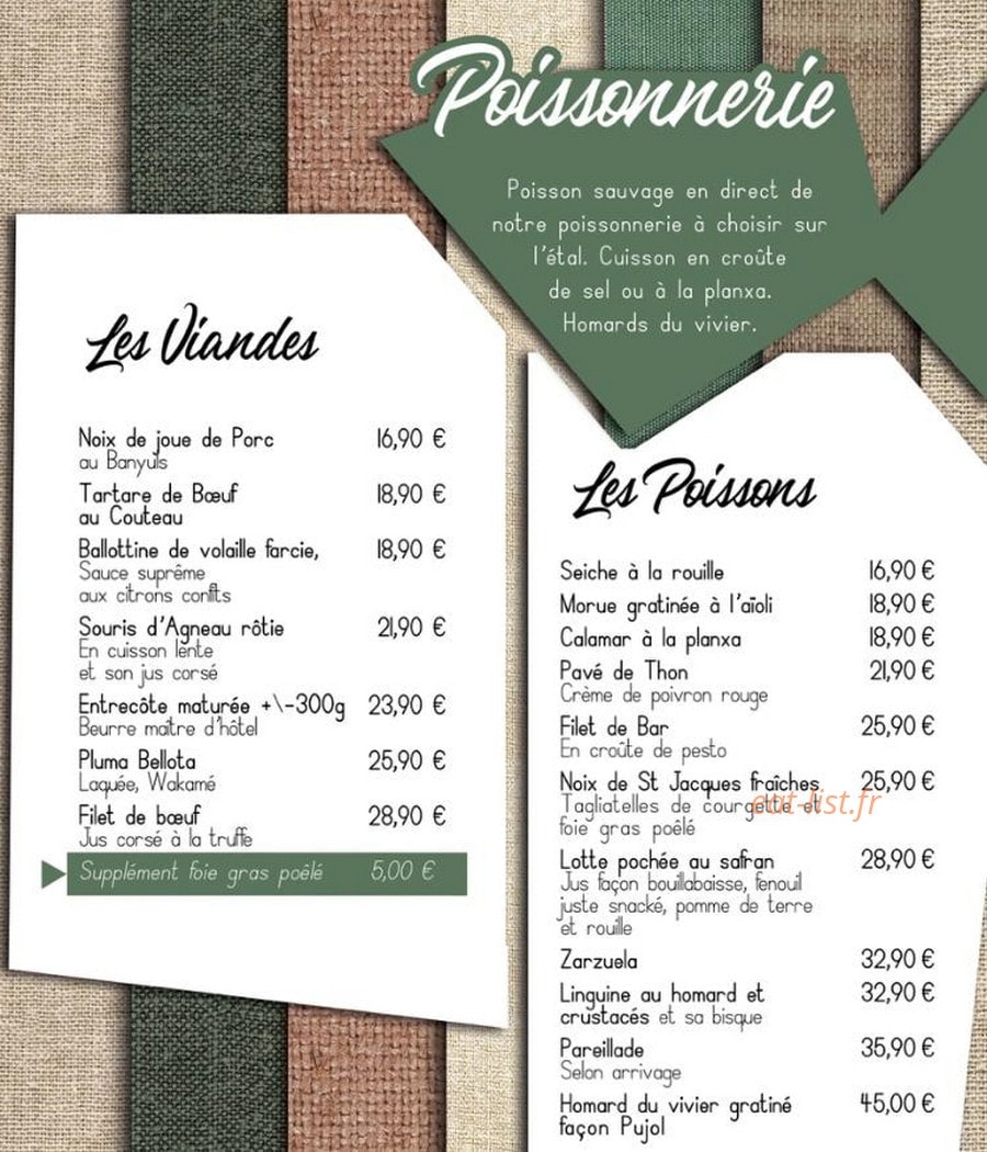 Carte et menu de Chez Pujol à Port Vendres — Les viande set poissons