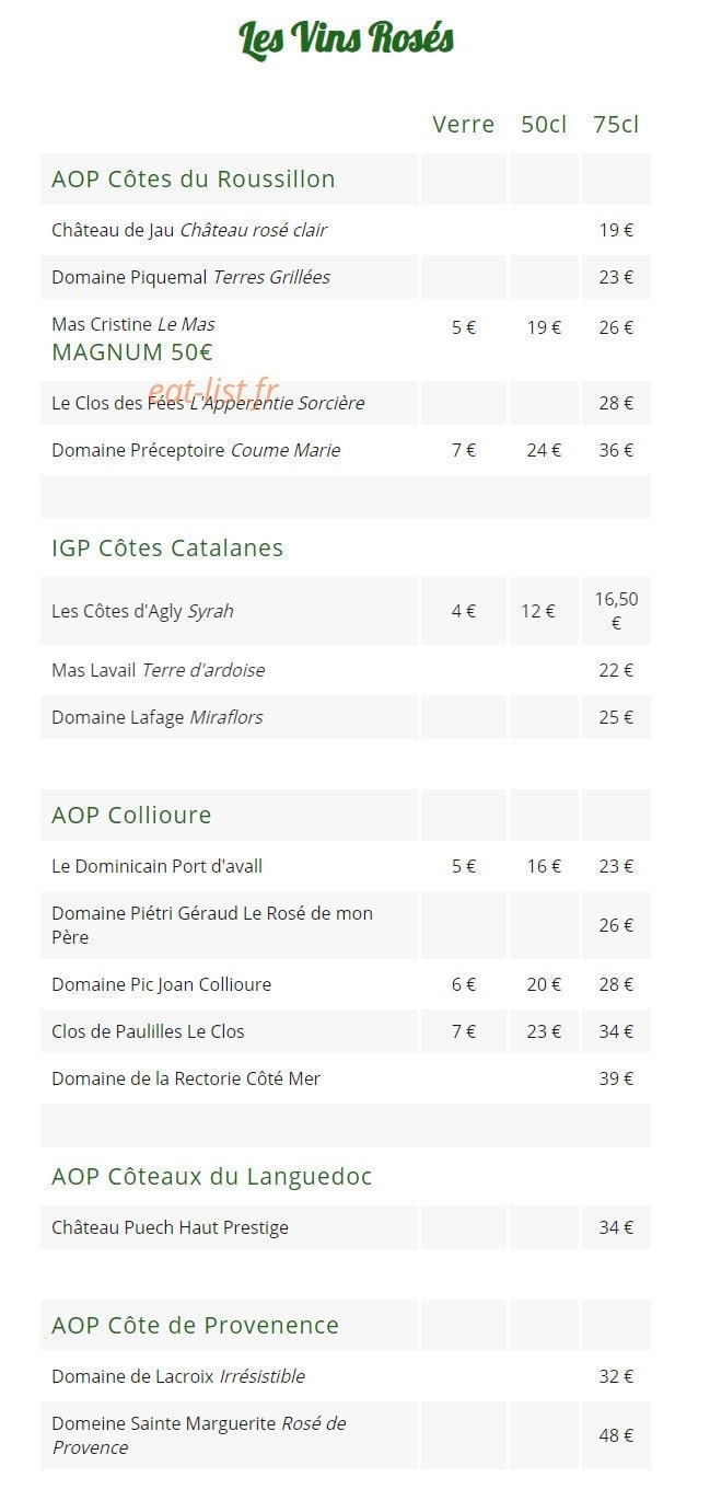 Carte et menu de Chez Pujol à Port Vendres — Les vins rosés