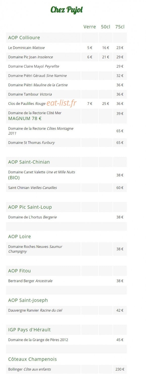Carte et menu de Chez Pujol à Port Vendres — Les vins blancs suite