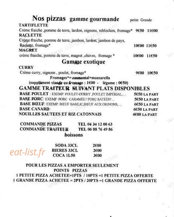 Carte et menu de Pizzeria de la place castellane à Port Vendres — Les pizzas suite et boissons