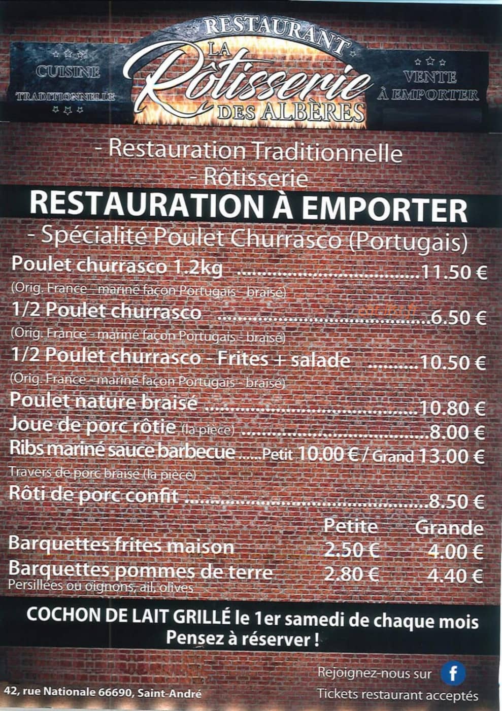 Carte et menu de La Rôtisserie Des Albères à Saint Andre — la restauration à emporter