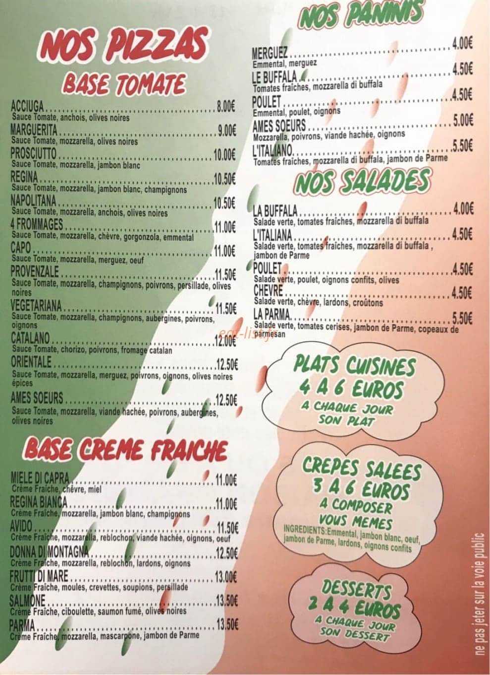 Ames Soeurs pizzas — carte page 1