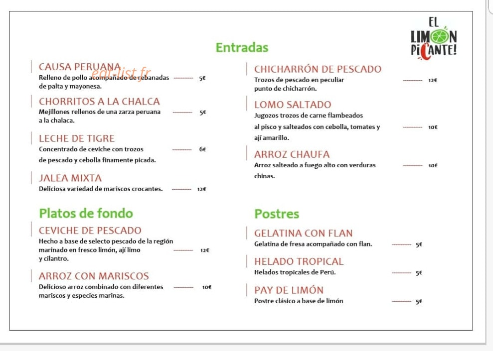 El Limon Picante — carte page 1