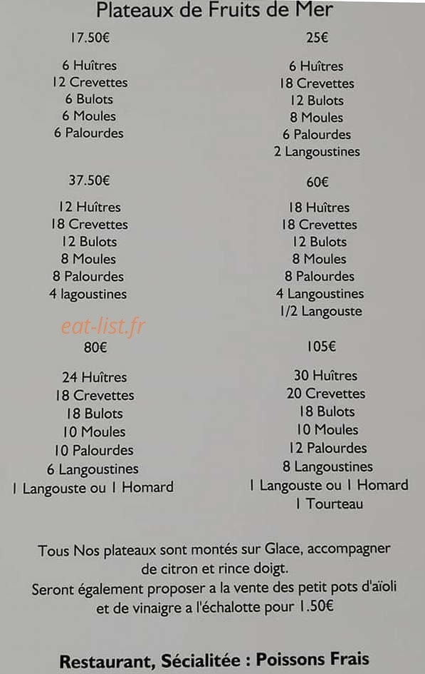Carte et menu de Le Chalutier à Argeles sur Mer — Les plateaux