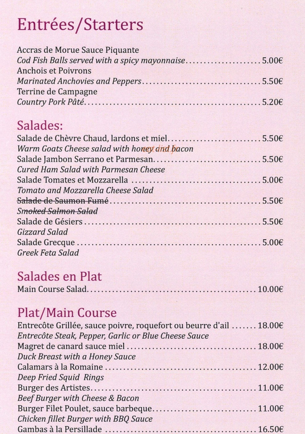 Café des Artistes — carte page 1