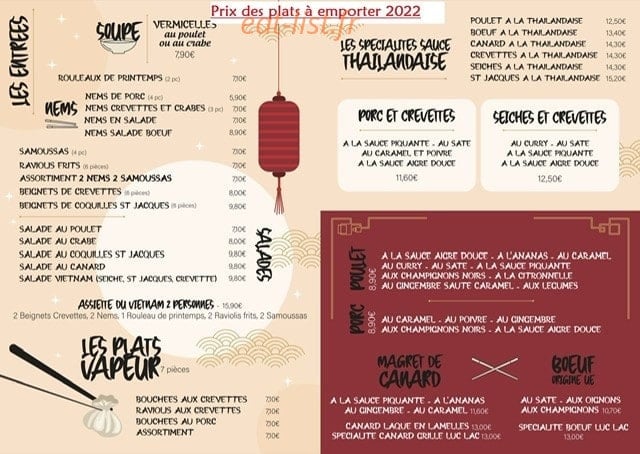 Carte et menu de Délices du Vietnam à Laroque des Alberes — Les entrées, plats vapeur, ...