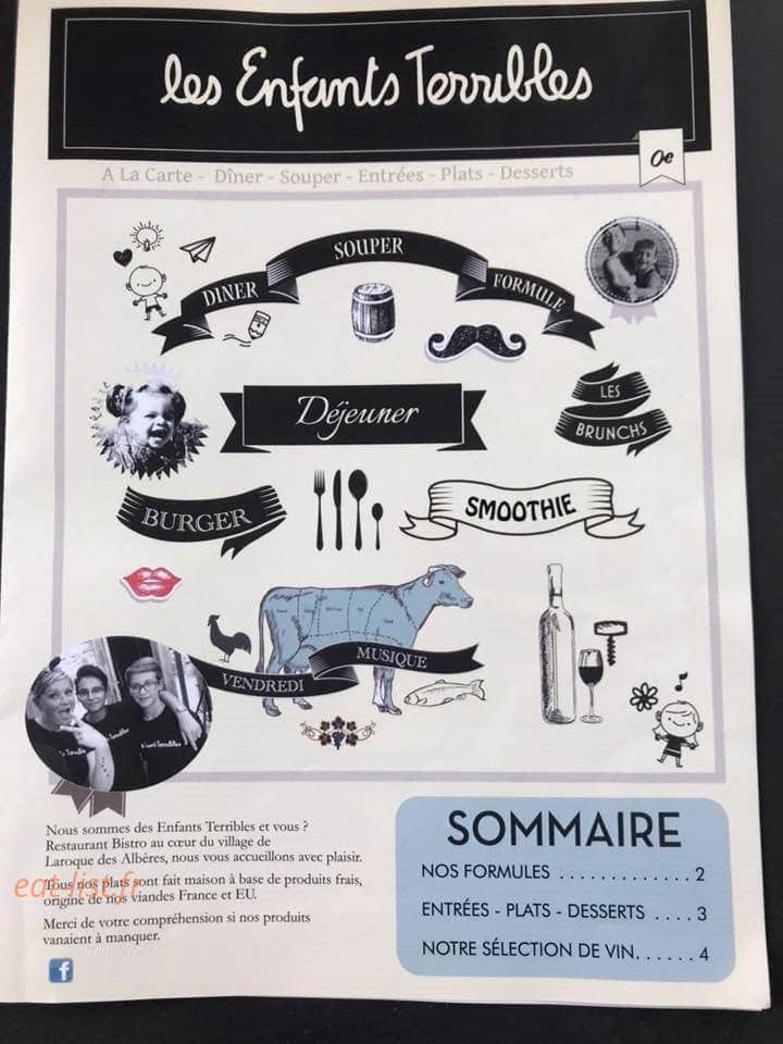 Carte et menu de Les enfants Terribles des Albères à Laroque des Alberes — sommaire
