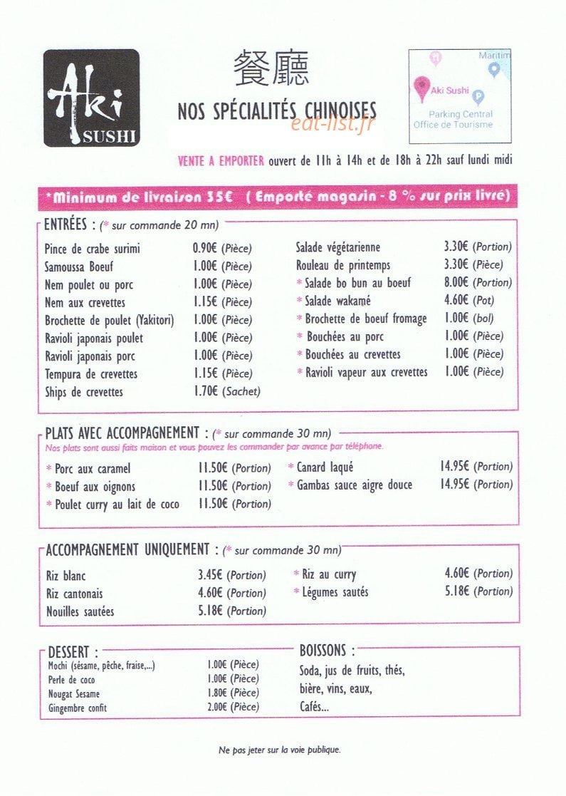 Carte et menu de Aki Sushi à Saint Cyprien — Entrées, plats, accompagnements,....