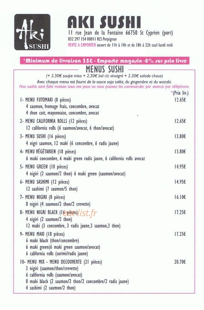 Carte et menu de Aki Sushi à Saint Cyprien — Menus