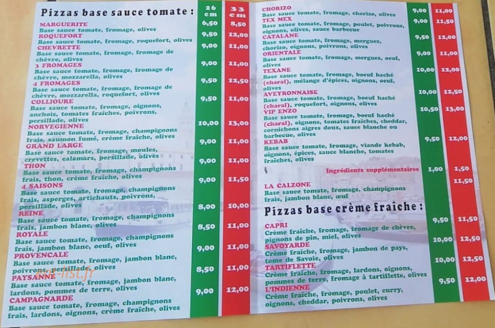 Enzo pizzas — carte page 1