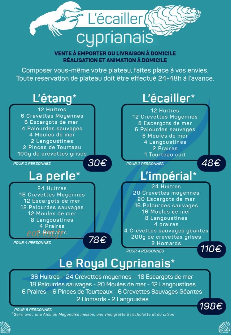 Carte et menu de L'écailler Cypriannais à Saint Cyprien — Etang, écailler et perle,...