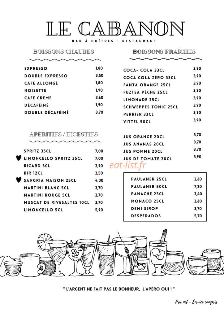 Carte et menu de Le Cabanon à Saint Cyprien — La carte des boissons