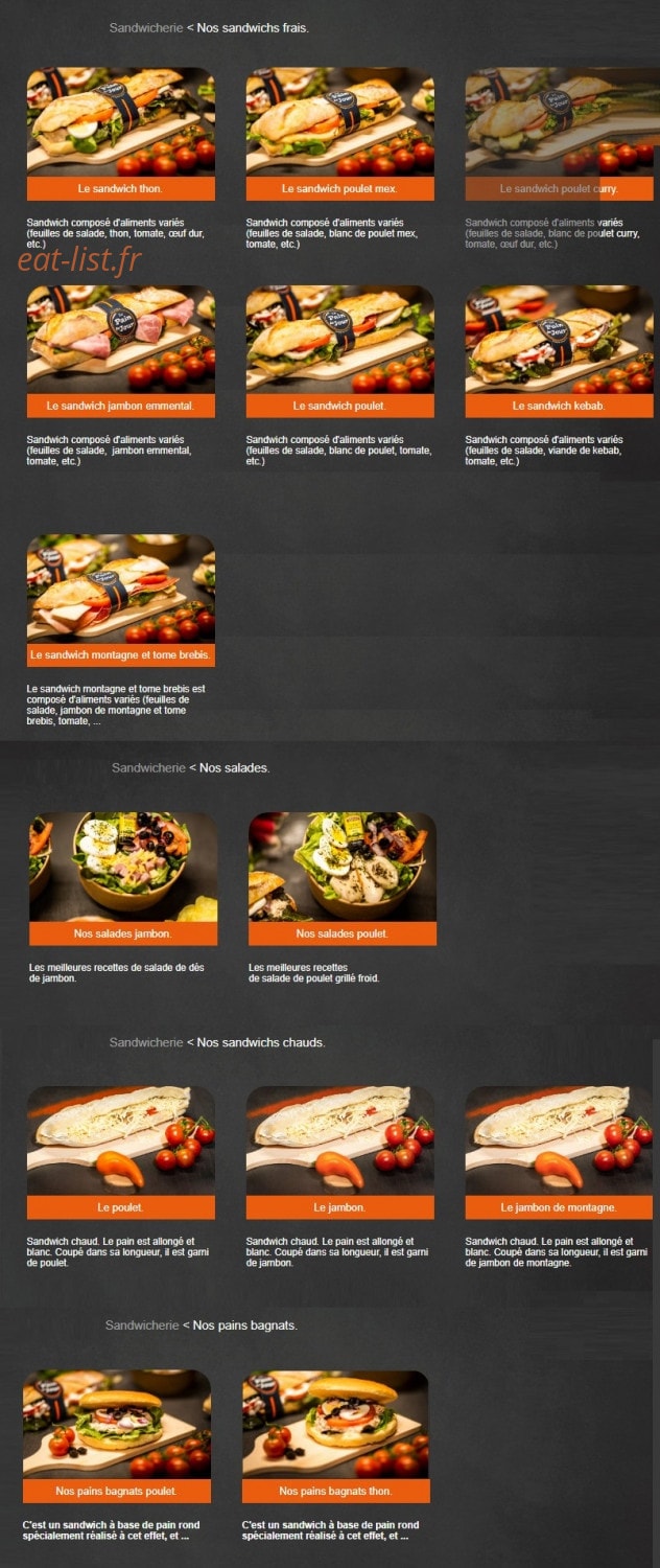 Carte et menu de Le Pain du Jour à Saint Cyprien — Les sandwichs, salades et pains bagnats