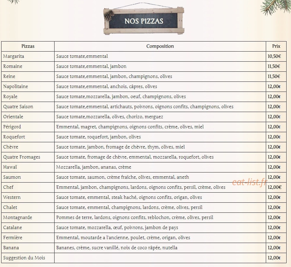 Chalet des pizzas — carte page 1